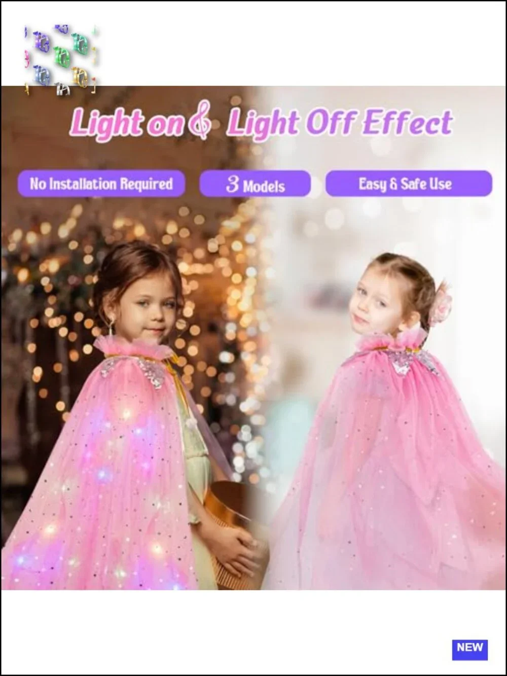 Girls Princess Cape & Tutu Dress Up Set with Light-Up Crown Wand Necklace